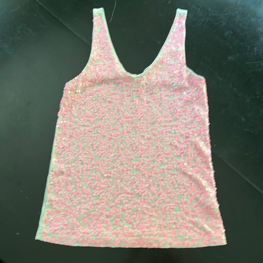 J Crew sequin top. Size Small. Pink sequin front on white 100% cotton tank.